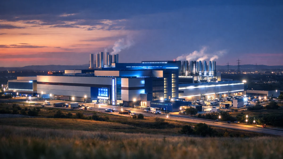 A massive, modern semiconductor fabrication plant illuminated at dusk in a desert landscape, representing the new Terafab project facility.