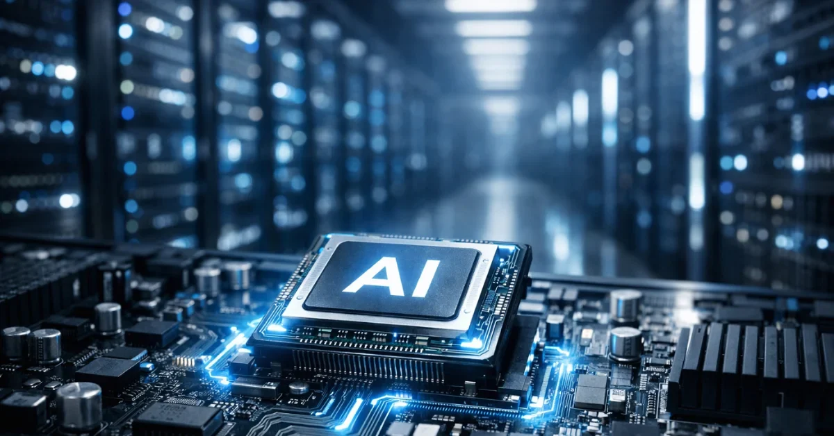 A close-up view of a high-tech processor chip inside a brightly lit, modern data center server rack.