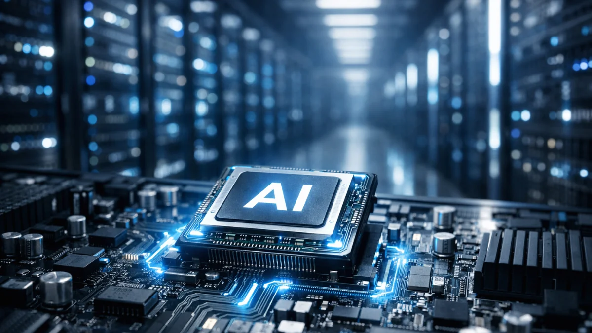 A close-up view of a high-tech processor chip inside a brightly lit, modern data center server rack.