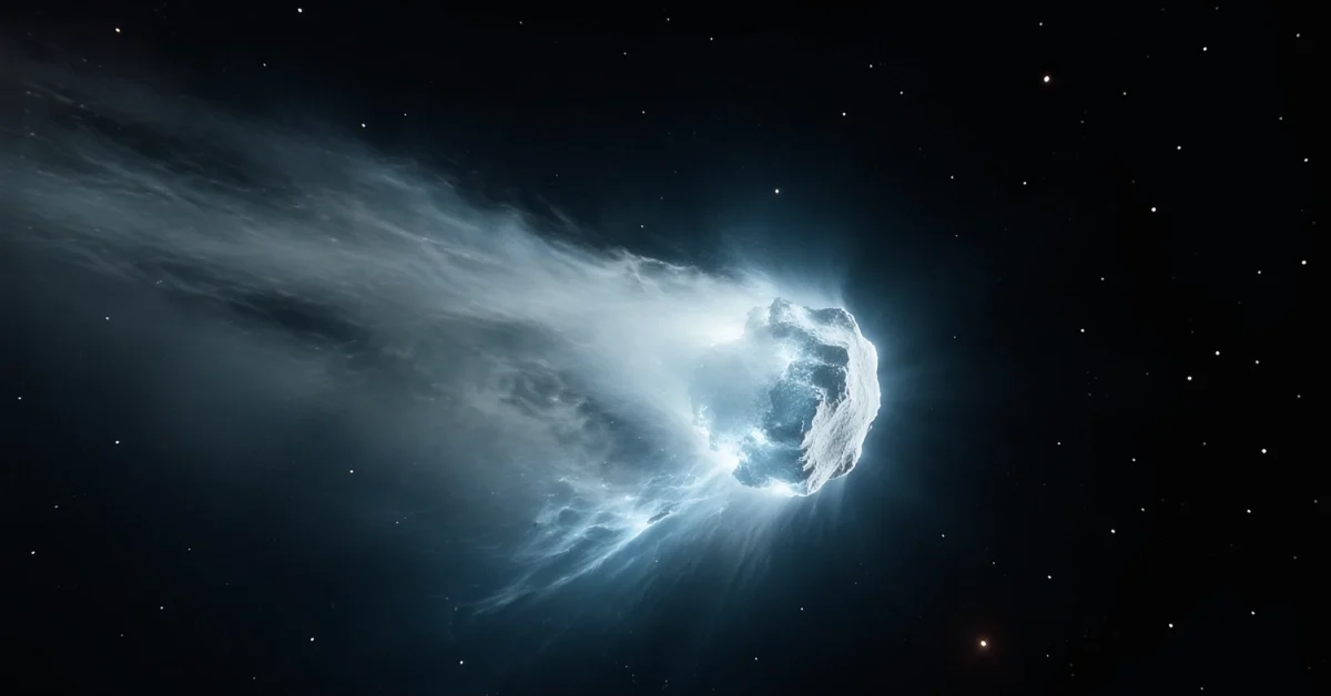 A brightly glowing interstellar comet venting streams of gas and dust as it travels through the dark vacuum of deep space.