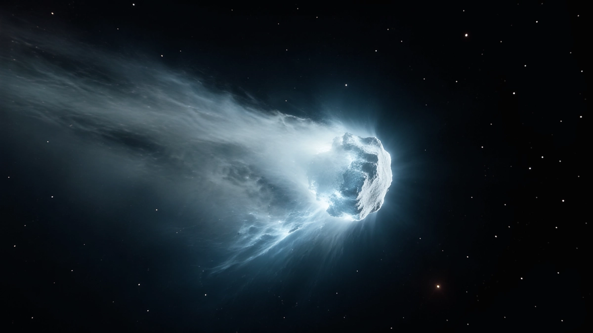 A brightly glowing interstellar comet venting streams of gas and dust as it travels through the dark vacuum of deep space.