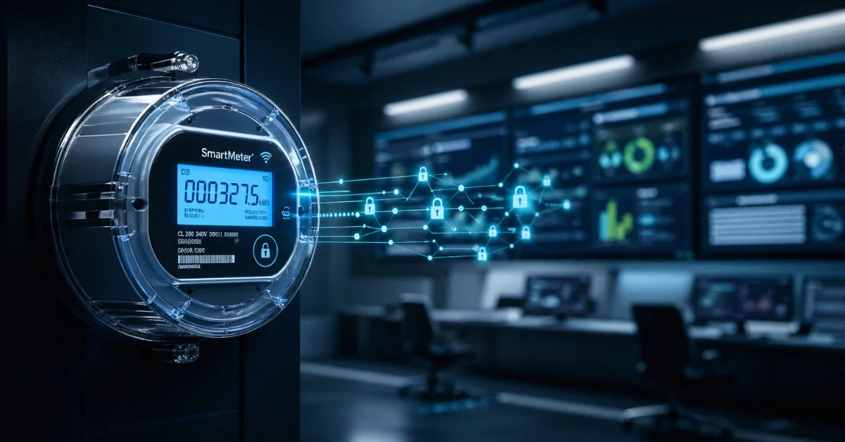A modern glowing smart meter connected to a digital grid in a high-tech control room environment.