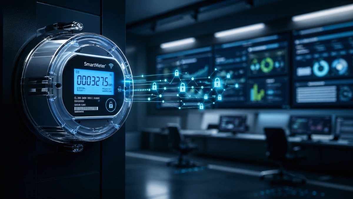A modern glowing smart meter connected to a digital grid in a high-tech control room environment.
