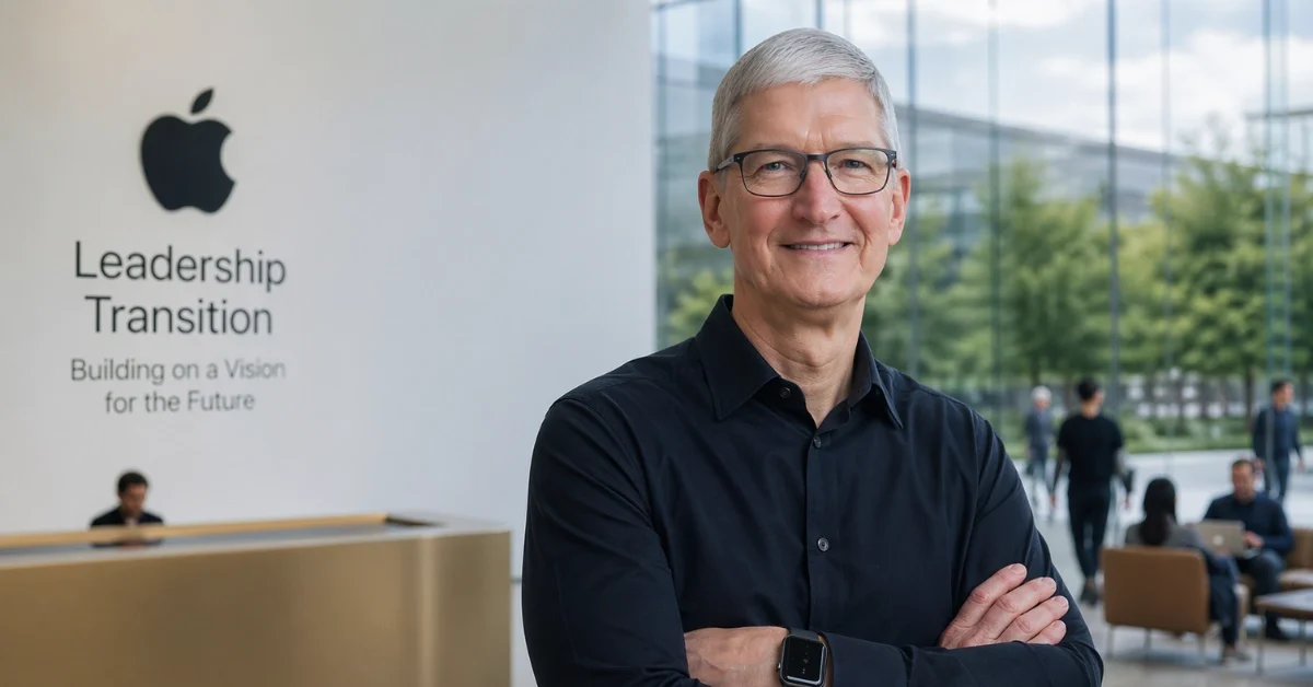 Professional news-style image showing a corporate technology executive in a modern campus setting representing Apple’s leadership transition and AI-focused strategy.