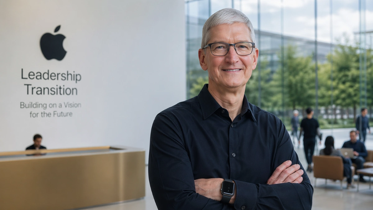 Professional news-style image showing a corporate technology executive in a modern campus setting representing Apple’s leadership transition and AI-focused strategy.