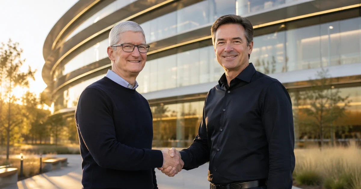 Two Apple executives shaking hands outside Apple Park in Cupertino, California, symbolizing the leadership transition from Tim Cook to John Ternus as Apple's new CEO in September 2026.