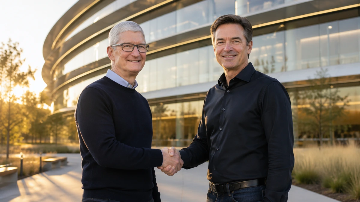 Two Apple executives shaking hands outside Apple Park in Cupertino, California, symbolizing the leadership transition from Tim Cook to John Ternus as Apple's new CEO in September 2026.