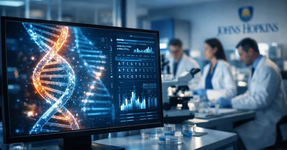 A high-tech digital display showing a glowing DNA double helix in a modern medical laboratory, representing a genetic breakthrough in pancreatic cancer research.