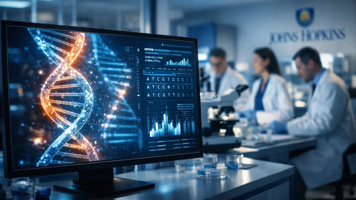 A high-tech digital display showing a glowing DNA double helix in a modern medical laboratory, representing a genetic breakthrough in pancreatic cancer research.