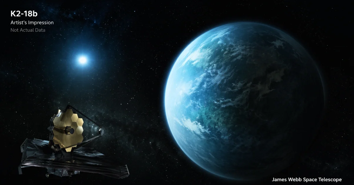 Artist’s impression of exoplanet K2-18b in space with a telescope-observation theme, used to illustrate scientific debate over possible atmospheric biosignature signals.