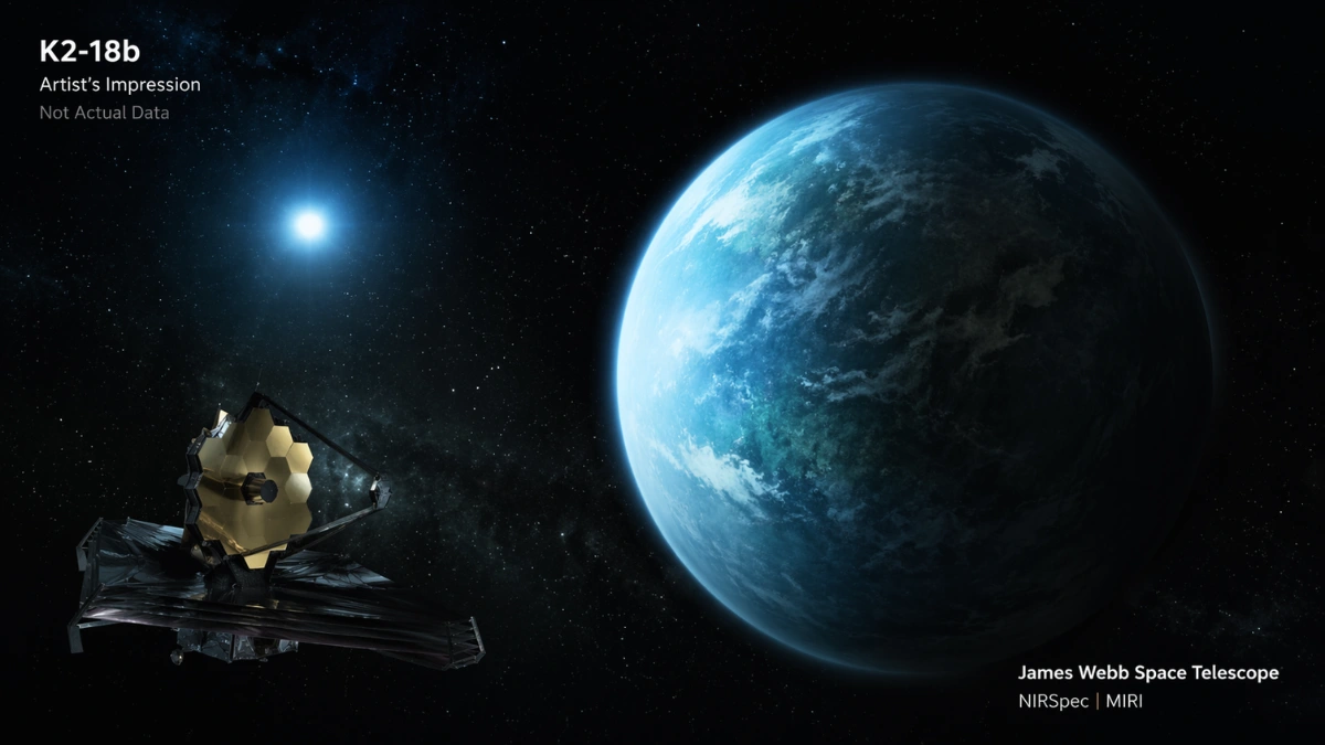 Artist’s impression of exoplanet K2-18b in space with a telescope-observation theme, used to illustrate scientific debate over possible atmospheric biosignature signals.