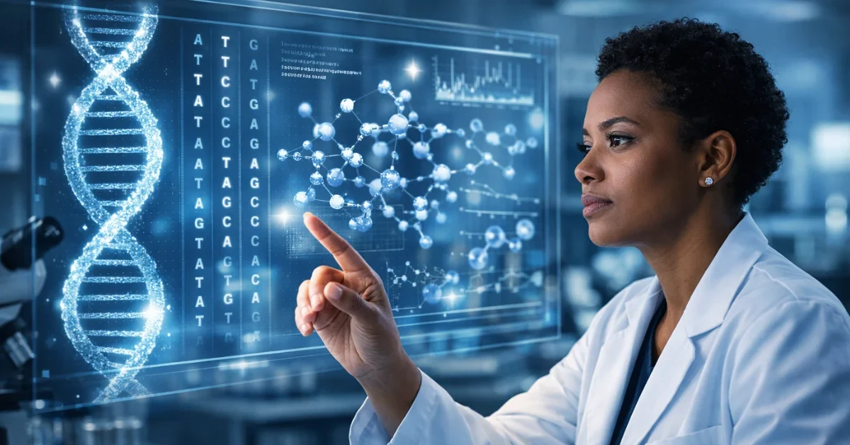 A medical researcher in a modern laboratory analyzing glowing digital DNA sequences and molecular structures on an advanced screen.