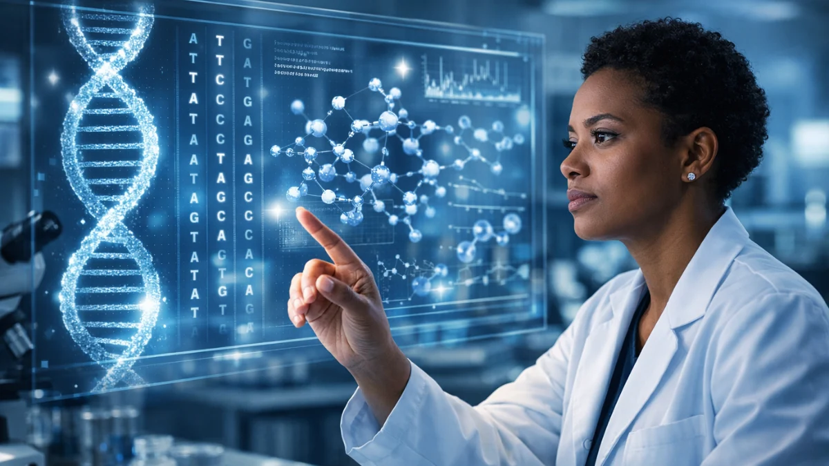 A medical researcher in a modern laboratory analyzing glowing digital DNA sequences and molecular structures on an advanced screen.