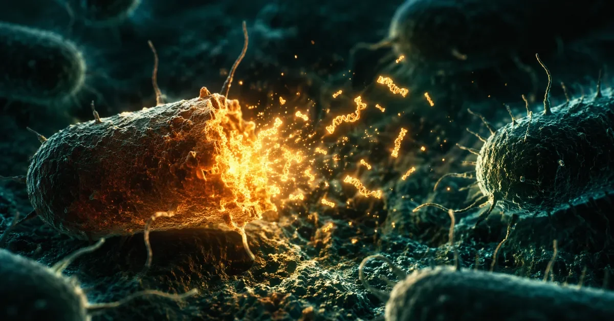 A microscopic view of a glowing bacterium rupturing and releasing tiny genetic particles to surrounding cells in a dark environment.