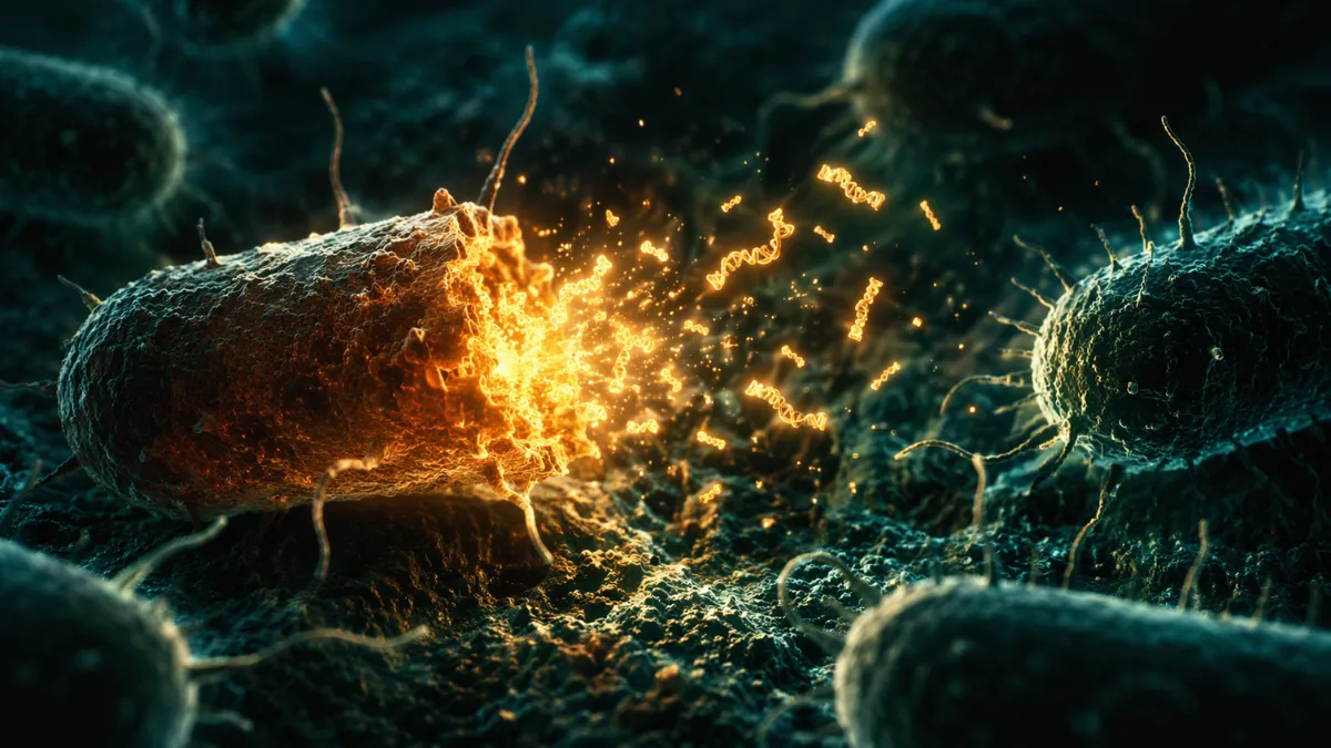 A microscopic view of a glowing bacterium rupturing and releasing tiny genetic particles to surrounding cells in a dark environment.