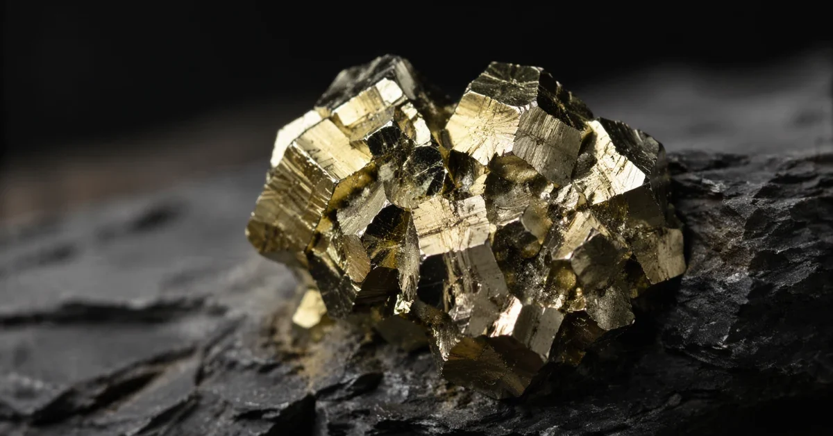 A close-up macro view of golden pyrite crystals, commonly known as fool's gold, resting naturally on a piece of dark textured shale rock.