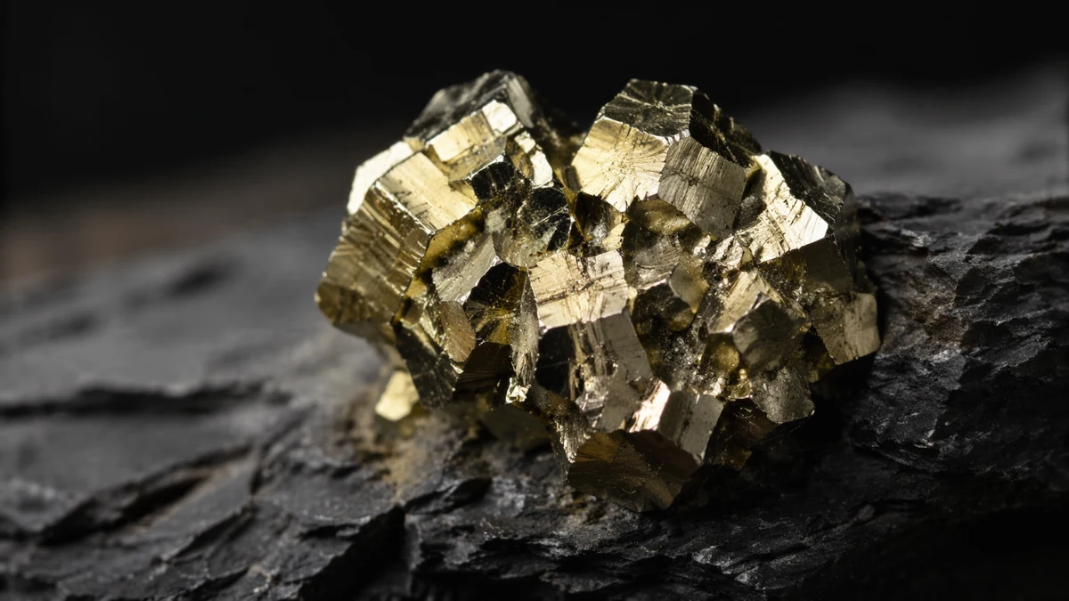 A close-up macro view of golden pyrite crystals, commonly known as fool's gold, resting naturally on a piece of dark textured shale rock.