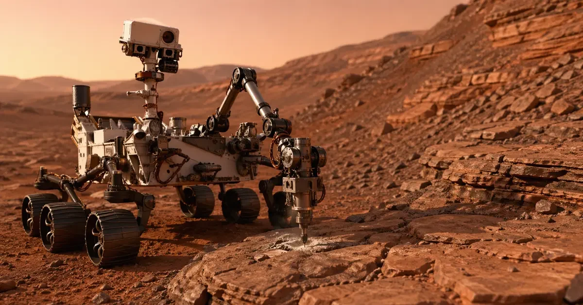 NASA's Curiosity rover drilling into a flat Martian rock outcrop on the surface of Mars near Mount Sharp, with reddish terrain and a hazy amber sky in the background, representing the discovery of 21 organic molecules in the Mary Anning 3 sample.