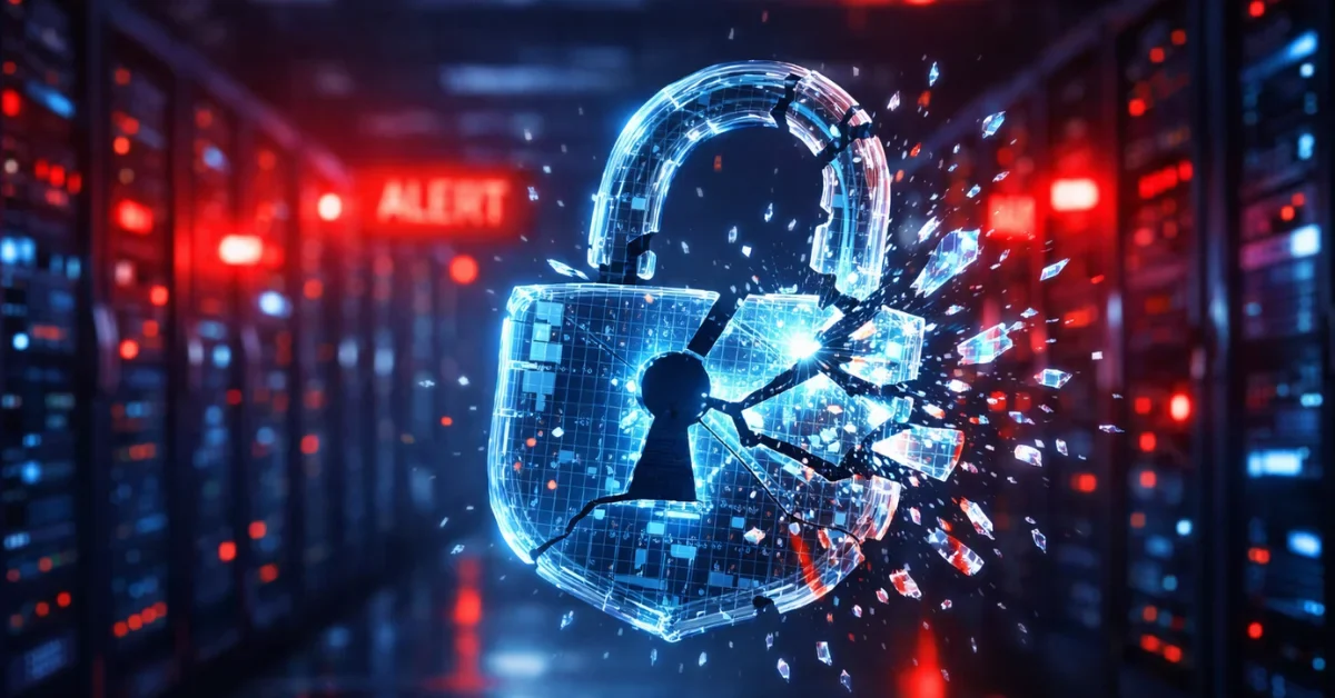 A glowing digital padlock shattering into data fragments in a dimly lit corporate server room with flashing red warning lights.