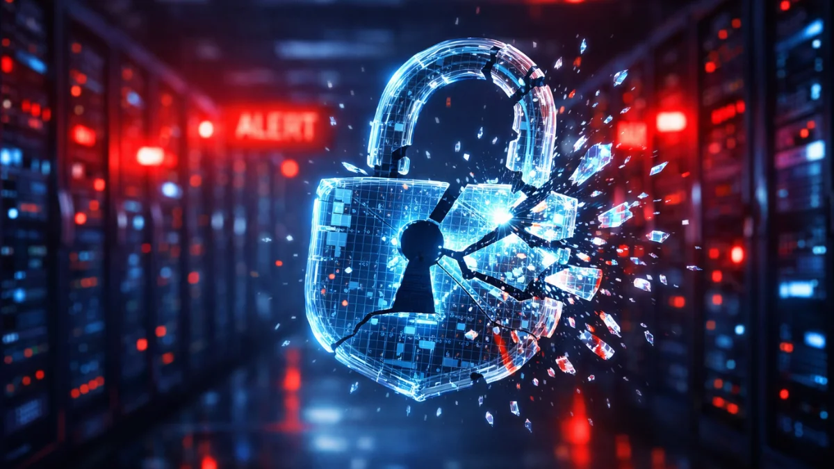 A glowing digital padlock shattering into data fragments in a dimly lit corporate server room with flashing red warning lights.