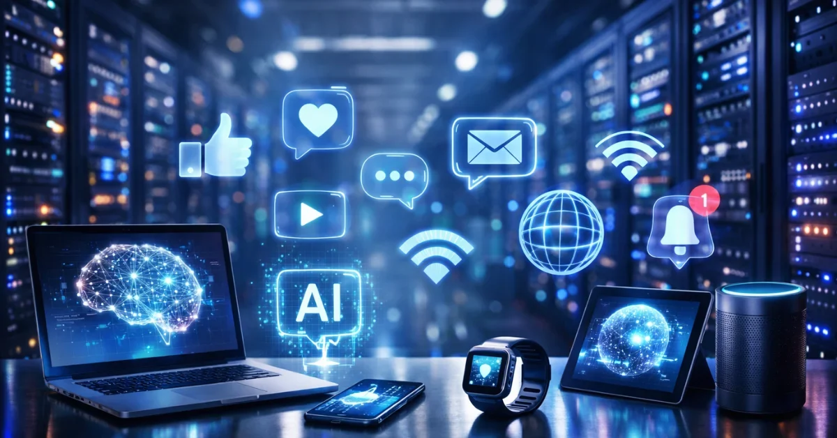 A high-tech server room with glowing blue and purple lights, holographic social media icons, and futuristic smart devices representing artificial intelligence expansion.