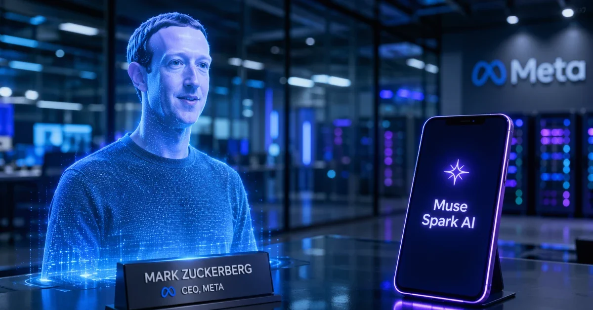A hyper-realistic digital hologram of Mark Zuckerberg standing next to a glowing smartphone displaying the Muse Spark AI interface in a modern, brightly lit corporate tech office.