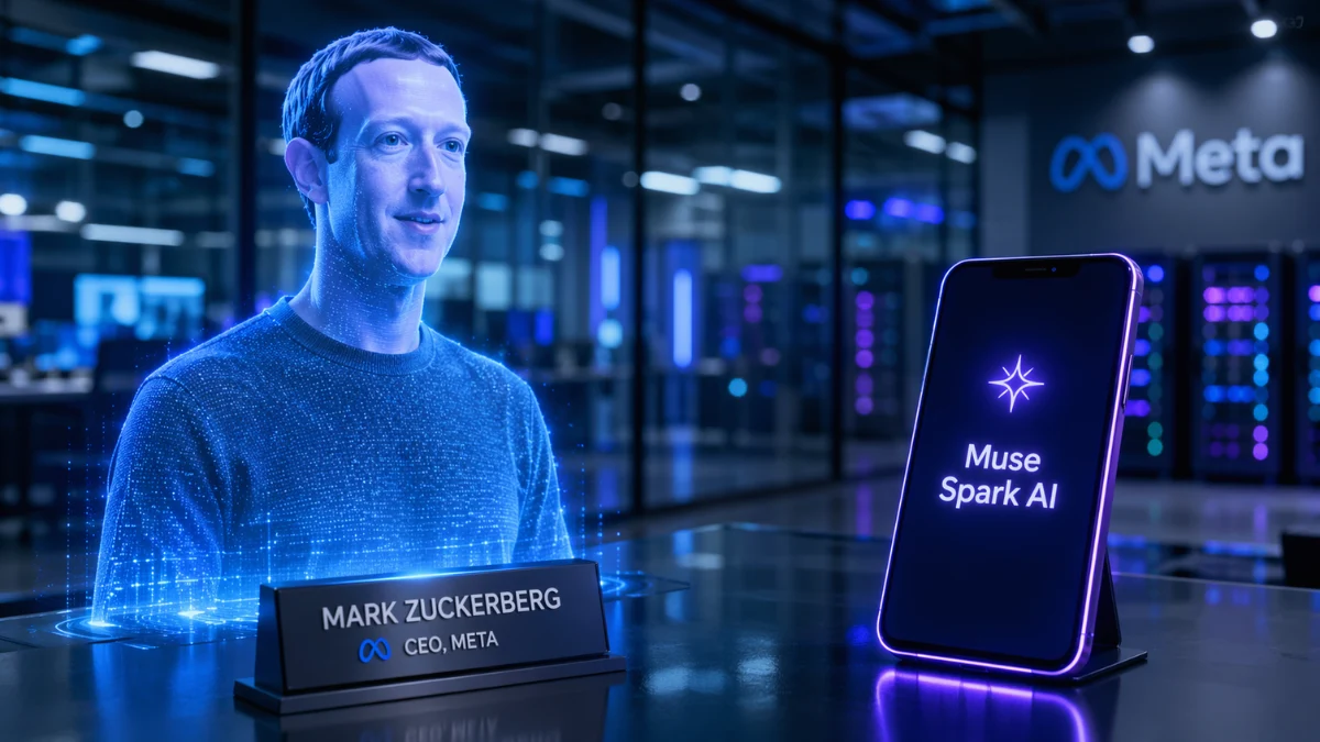 A hyper-realistic digital hologram of Mark Zuckerberg standing next to a glowing smartphone displaying the Muse Spark AI interface in a modern, brightly lit corporate tech office.