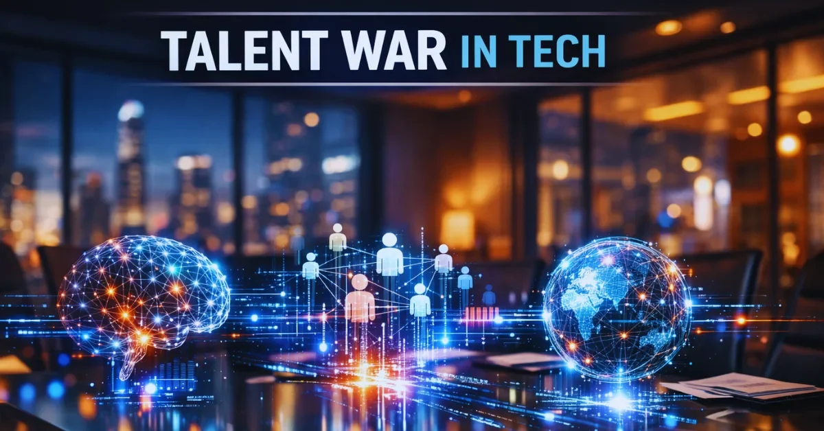 A futuristic corporate boardroom with glowing holographic artificial intelligence neural networks floating above a glass table.