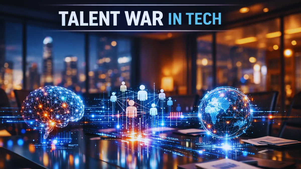 A futuristic corporate boardroom with glowing holographic artificial intelligence neural networks floating above a glass table.