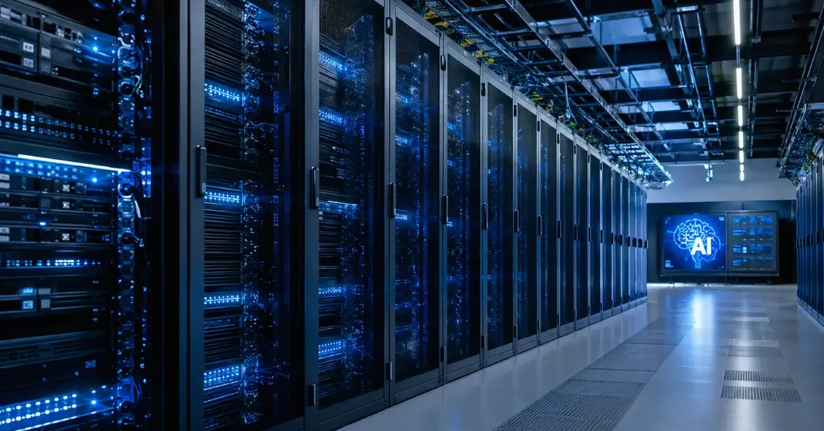 Wide view of a modern data center with rows of illuminated server racks and processor hardware representing large-scale AI computing infrastructure.