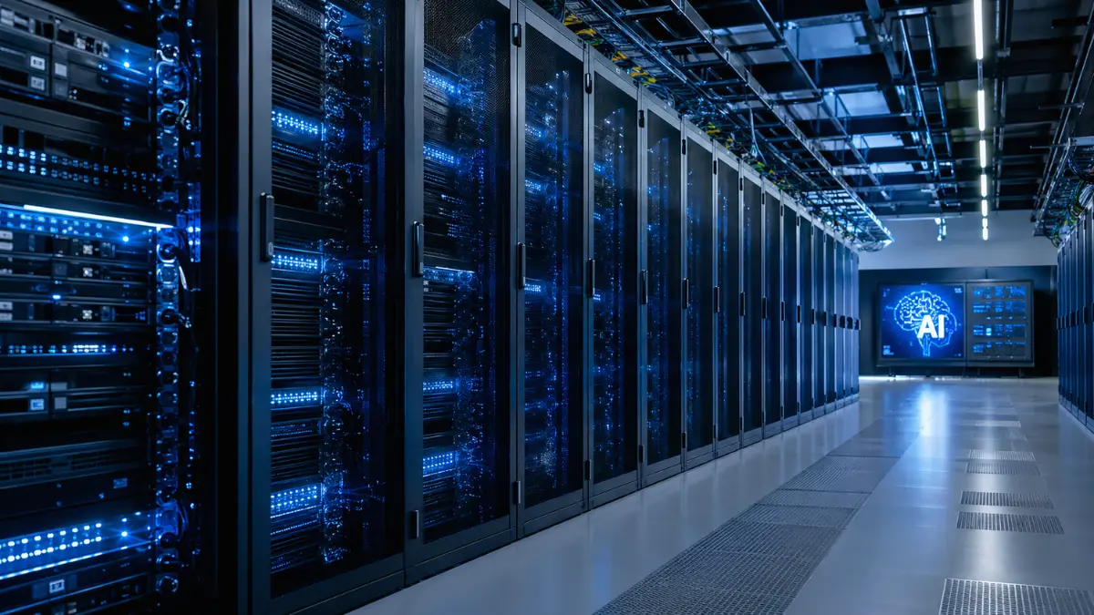 Wide view of a modern data center with rows of illuminated server racks and processor hardware representing large-scale AI computing infrastructure.
