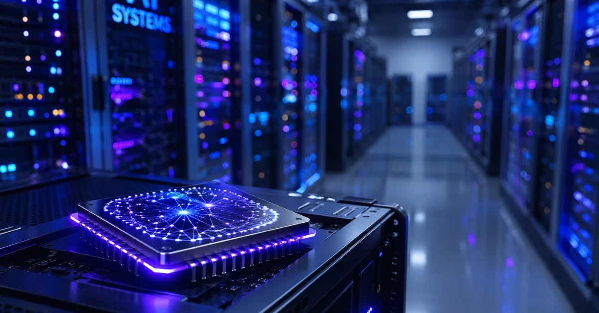 A glowing artificial intelligence microchip resting on a server rack inside a modern, brightly lit data center.