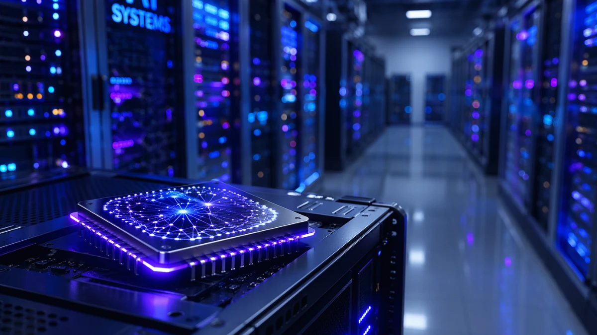 A glowing artificial intelligence microchip resting on a server rack inside a modern, brightly lit data center.