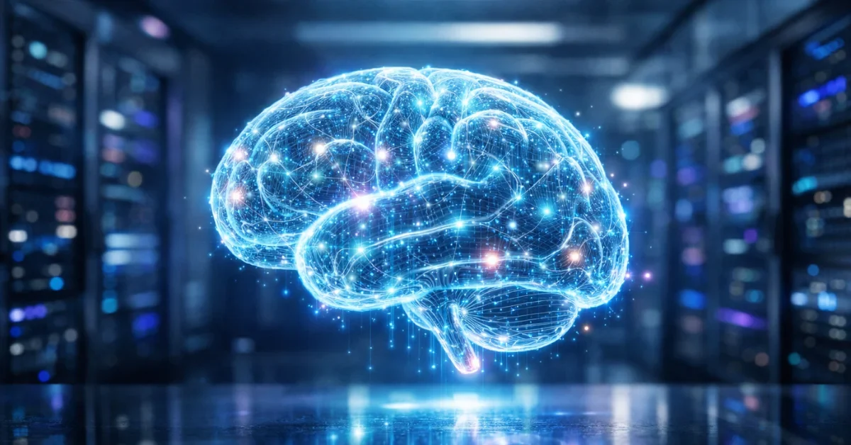 A glowing digital brain floating above a sleek corporate server room representing Meta's advanced artificial intelligence model.