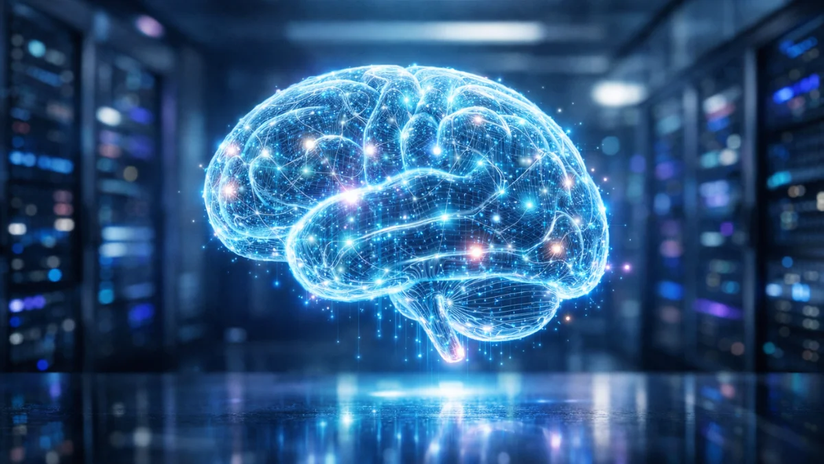 A glowing digital brain floating above a sleek corporate server room representing Meta's advanced artificial intelligence model.