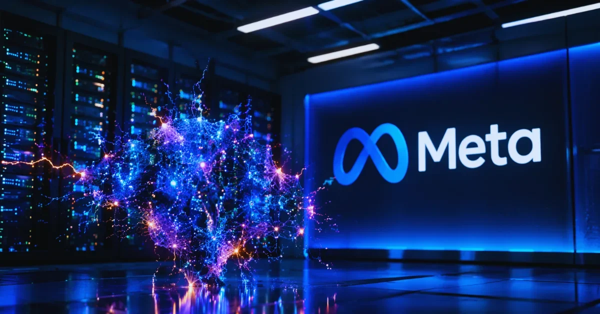 A glowing digital neural network intertwined with the Meta logo in a modern, high-tech server room environment.