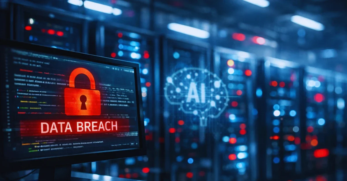 A high-tech server room with glowing blue and red lights and a computer monitor displaying a padlock icon representing a cybersecurity data breach.