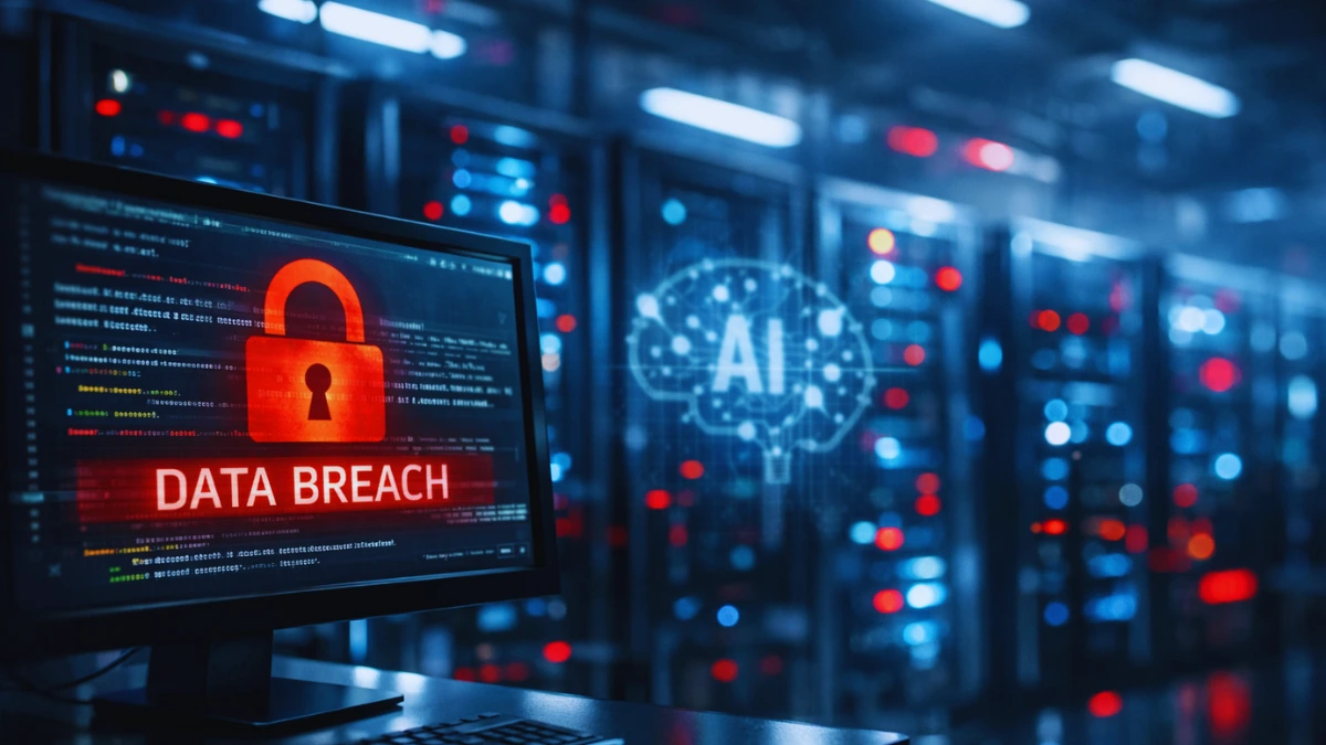 A high-tech server room with glowing blue and red lights and a computer monitor displaying a padlock icon representing a cybersecurity data breach.