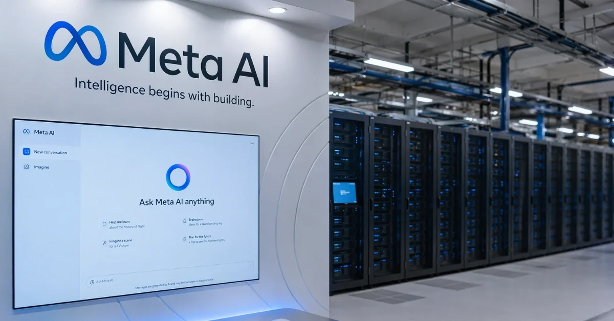Meta AI branding shown next to server racks in a modern data center-style setting.