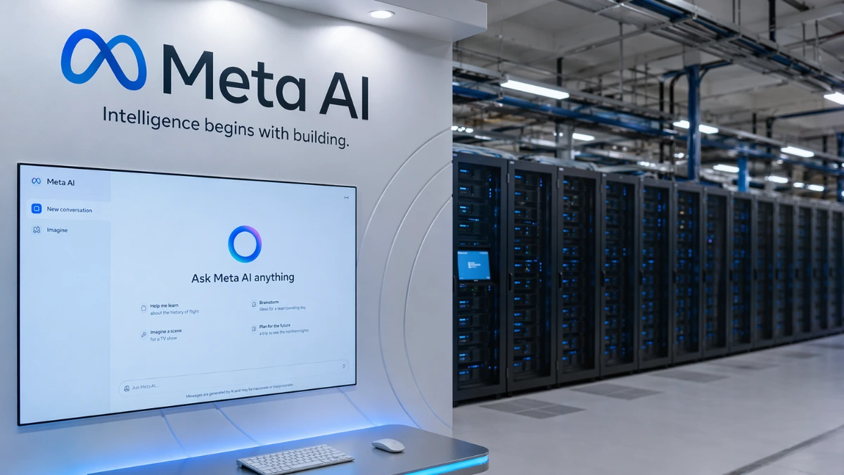 Meta AI branding shown next to server racks in a modern data center-style setting.