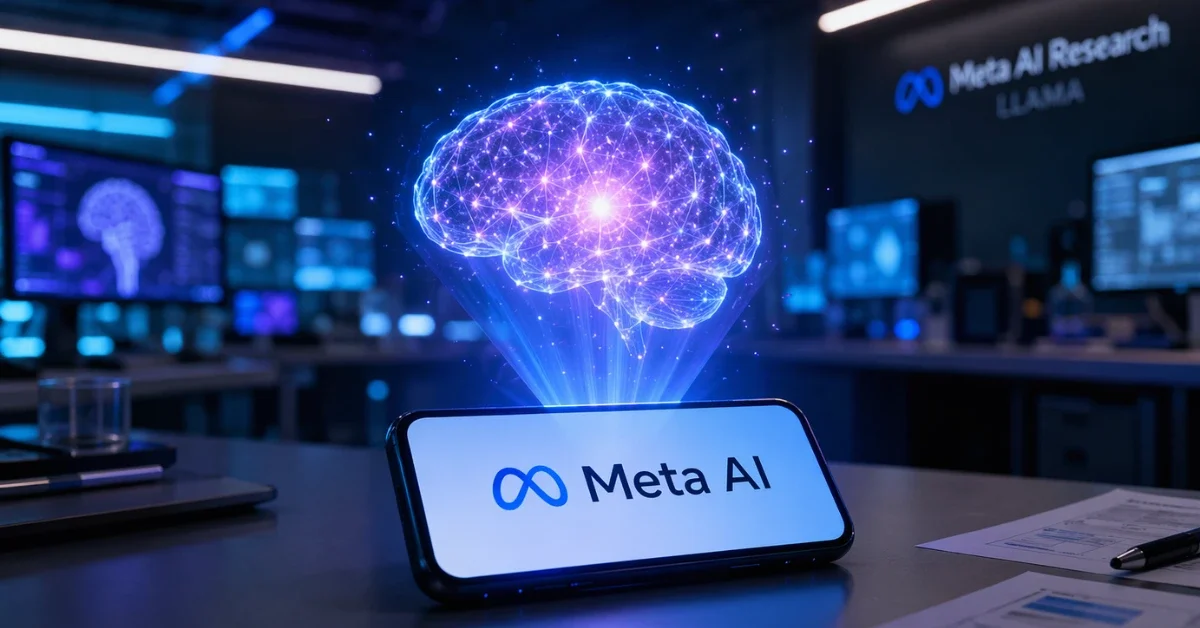 A futuristic glowing holographic spark hovering over a smartphone displaying the Meta AI logo in a modern, dimly lit high-tech research lab.