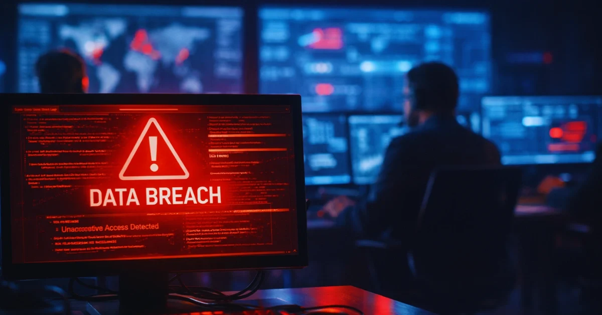 A glowing computer monitor displaying a red security warning and lines of code in a dimly lit cybersecurity operations center, illustrating a major data breach.