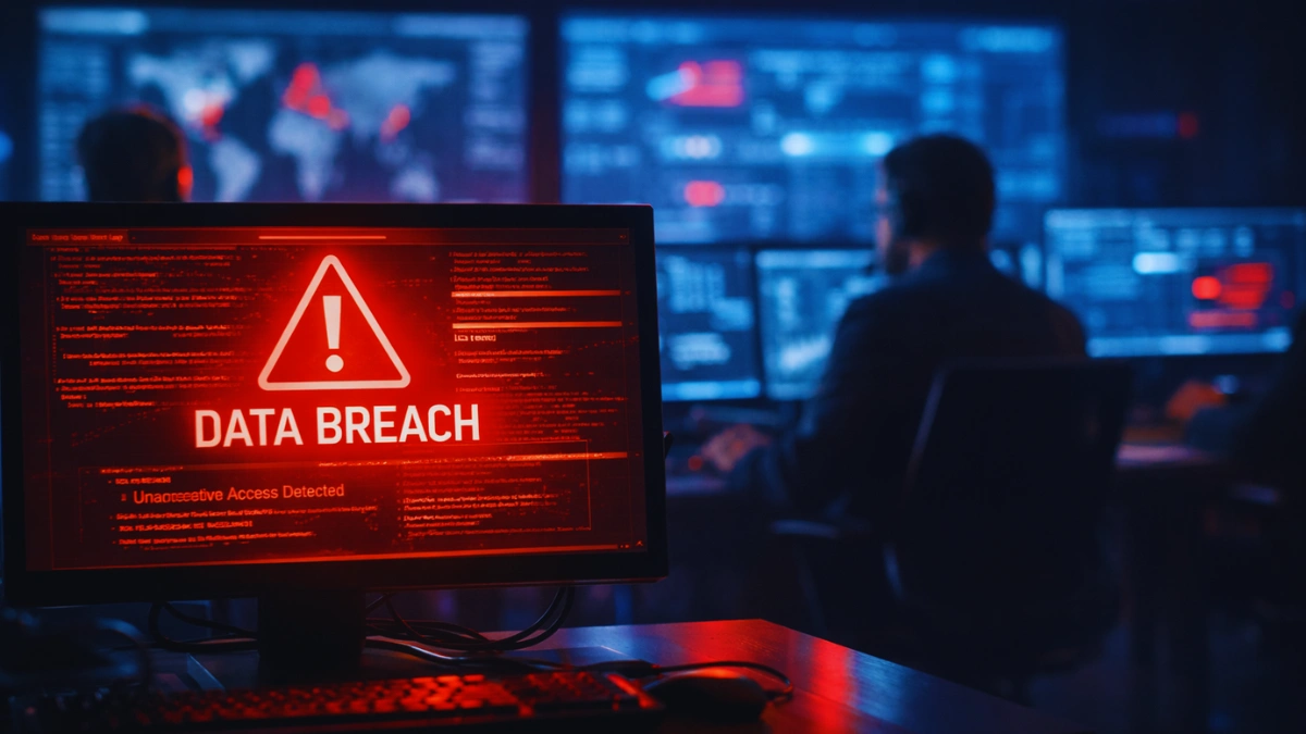 A glowing computer monitor displaying a red security warning and lines of code in a dimly lit cybersecurity operations center, illustrating a major data breach.