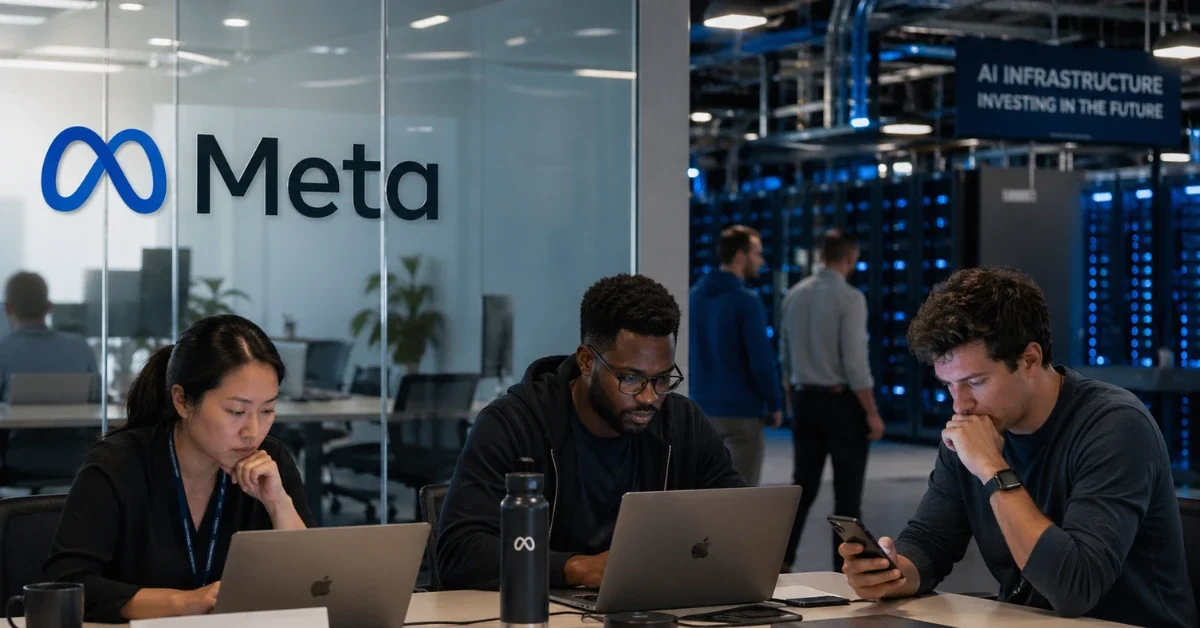 Employees in a modern office near Meta branding with a blurred data center background, illustrating job cuts and increased AI investment.