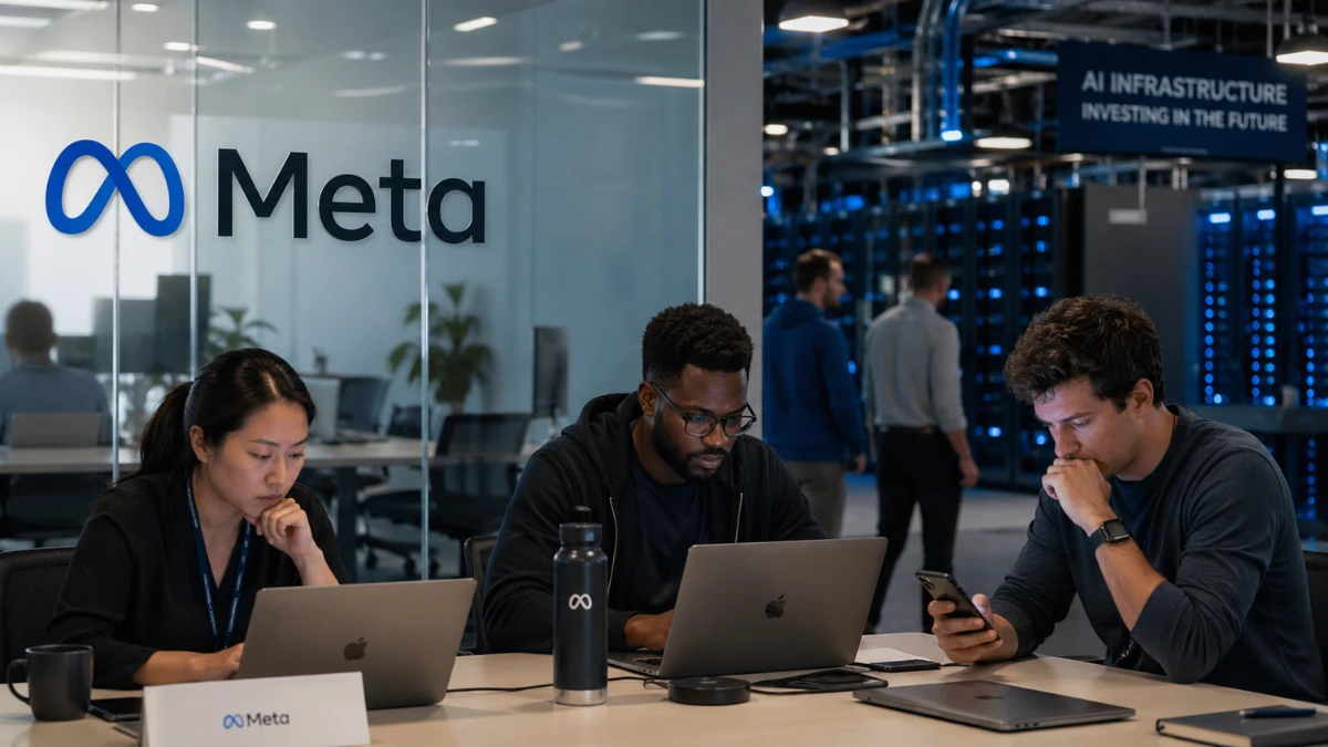 Employees in a modern office near Meta branding with a blurred data center background, illustrating job cuts and increased AI investment.