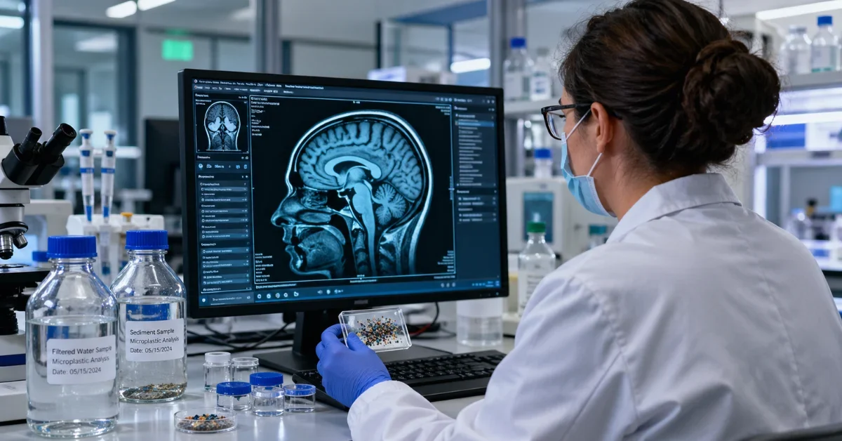 A scientist in a medical research lab is reviewing a brain scan beside small sample containers used for studying microscopic plastic particles.