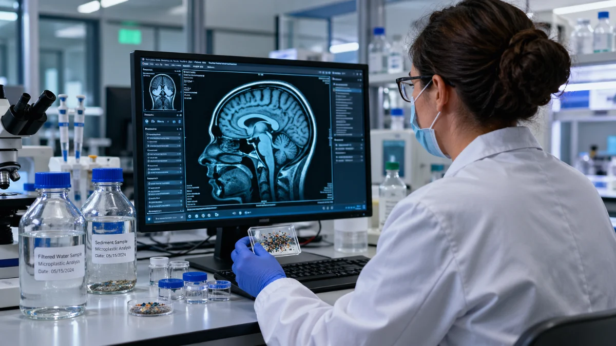 A scientist in a medical research lab is reviewing a brain scan beside small sample containers used for studying microscopic plastic particles.