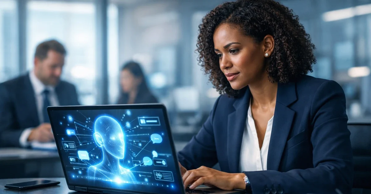 A professional using a laptop displaying an advanced artificial intelligence interface in a modern corporate office setting.