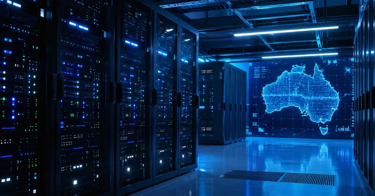 A high-tech server room with glowing blue lights and a digital map of Australia, representing Microsoft's artificial intelligence and cloud computing infrastructure investment.