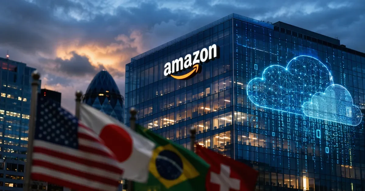 A sleek corporate building with digital cloud motifs on its glass facade, set behind blurred international flags representing global regulatory scrutiny.